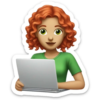 white red wavy hair long girl with green eyes with laptop sticker