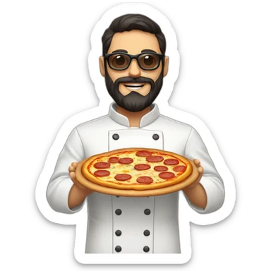 Dark haired chef with beard and big dark glasses holding a slice of pizza sticker
