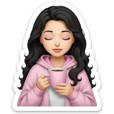 hispanic woman, black long wavy hair , closed eyes, feminine face, holding soft pink coffee cup wearing white Hoodie with pink blanket over shoulders sticker