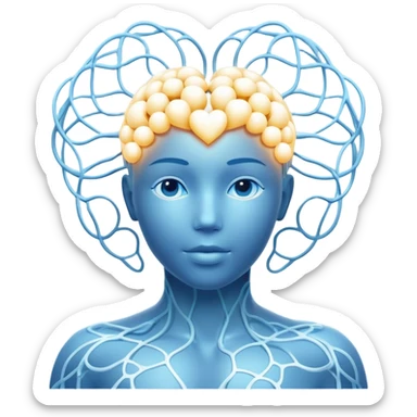 human silhouette with glowing nodes at head and heart, interconnected by flowing lines and floating orbs, soft white-blue light sticker