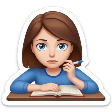 female writer, romantic, with brown hair, fair skin and blue eyes writing a book with a worried face sticker