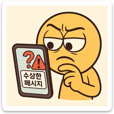 curious slightly suspicious cartoon emoticon character squinting at a smartphone screen, phone screen displays a message preview with clear Korean text '수상한 메시지' or '경고!', overlaid with a prominent question mark and a red exclamation mark icon, flat design, simple, bright colors, isolated on a light pastel background, static, 360x360px, RGB, 72dpi+, PNG format sticker