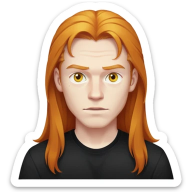 Man in his 20s, pale skin, yellow eyes, long ginget hair, clenched shirt over black t-shirt sticker