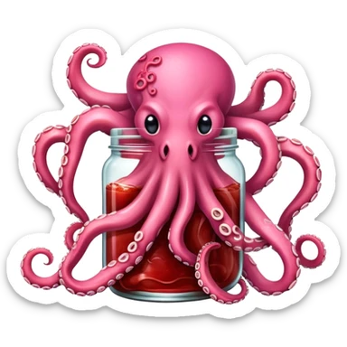 Pink octopus eating strawberry jam from jar  sticker