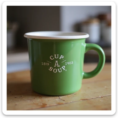 photorealistic green cup with the Cup A Soup logo, bold branding, on a kitchen counter sticker