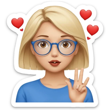 Asthectic Blonde women with brown eyes, blue glasses, waering a brown top, blowing a kiss with hearts around her. sticker
