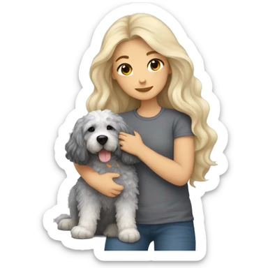 Girl blond long hair cuddling with mixed grey dog bernedoodle sticker