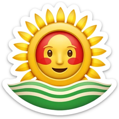 A flat emoji-style icon with three horizontal stripes: red on top, white in the middle, green on the bottom. A bright golden sun in the center with exactly 21 evenly spaced rays. Simple shapes, bold colors, no text, no gradients, transparent background, clean system-emoji look. sticker