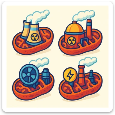 stylized mitochondria as nuclear power plants, no organs or biological elements, only mitochondria with energy plant details, turbines, reactors, energy symbols, vibrant colors, light background sticker