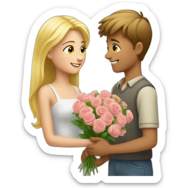 A boy who offers a bouquet of flowers to a pretty blonde sticker