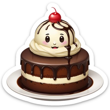 round chocolate cake, vanilla ice cream, chocolate syrup, white plate, no face, appetizing look emoji style sticker