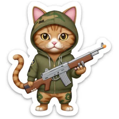 A gangster cat wearing a bape hoodie with a BB gun sticker