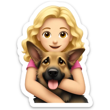 blonde curly girl hugs german shepherd dog sticker