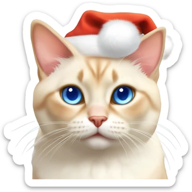 chubby fat, flame point Siamese, short fur, with white fur with orange accents, and blue eyes, smiling, wearing a red santa hat  sticker