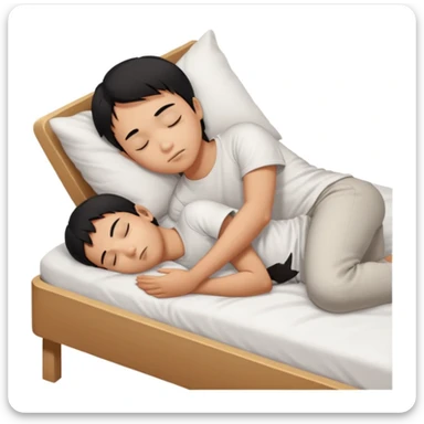 indonesian asian boy black hair wearing white tshirt, is sleeping on white bed sticker