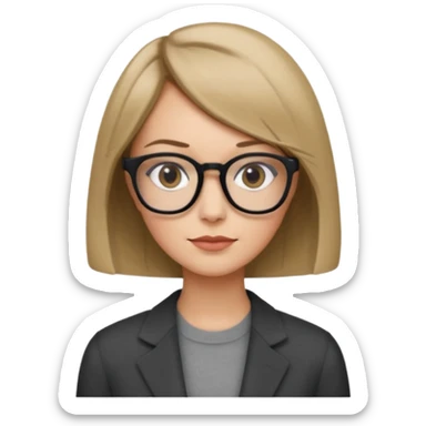 woman dark blonde petite bob haircut wears dark squarish glasses, classic clothes sticker