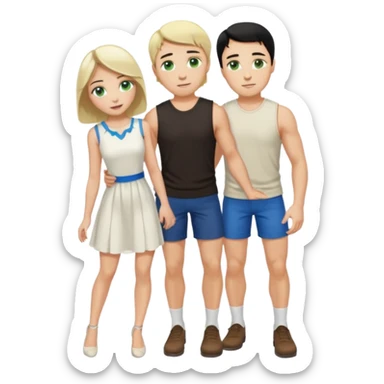 prince, black hair, blue eyes, garment,  woman, blonde Hair, green eyes, bending knee, sleveless white dress, sticker