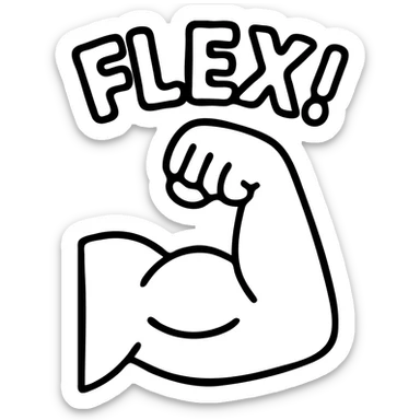 bold cartoon emoji of a flexed arm muscle, ‘FLEX!’ in big, fun letters above, thick outlines, minimal colors, optimized for small size and chat reactions sticker