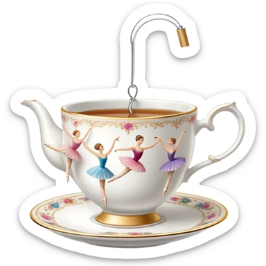 A tea cup with a tea bag tag hanging out, dancing en pointe in a classical ballet position sticker