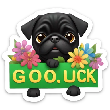 Black pug , surrounded by flowers, holding a green sign that says “good luck”  sticker