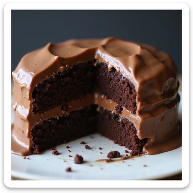 a realistic double fudge chocolate cake, sliced to show moist interior, glossy fudge icing, photorealistic style, no background sticker