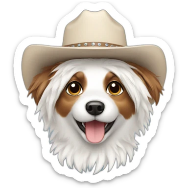 Happy small dog with white shaggy fur wearing a cowboy hat sticker