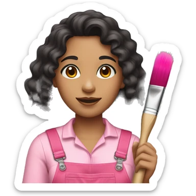 A woman with long black curly hair, brown eyes, wearing a pink overall and a paint brush with colorful paint sticker