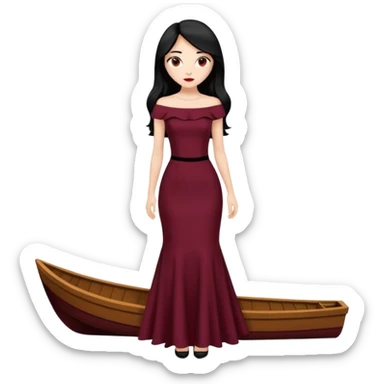 Chica blanca ,ojos marrones, vestido granate muy largo sexy escote tipo barco,  cuerpo entero pelo negro y largo zapatos negros tacon sticker