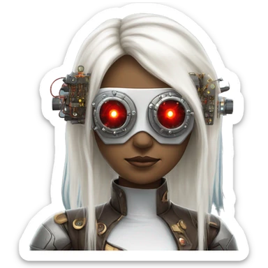 White long hair female cyborg head with red steampunk goggles and circuits sticker