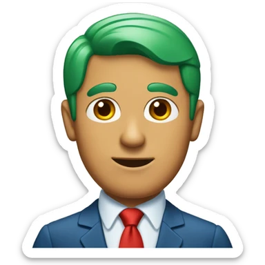 Old Orange man with short green hair  wearing a blue suit with red tie sticker