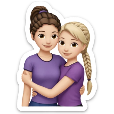 Comforting Hug two white skin women, one shorter woman with medium brown simple top ponytail, not braided, and one taller woman with a single long black side braid sticker