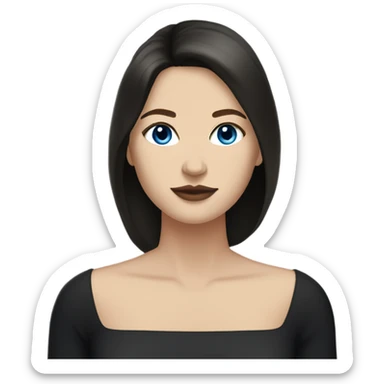 white woman, wearing a black dress and boots, stylish, with straight long mid hair, dark brown hair, blue eyes, round face, uni-lips. sticker