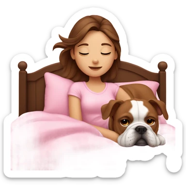  girl in pink bed with brown hair and sleeping bulldog sticker