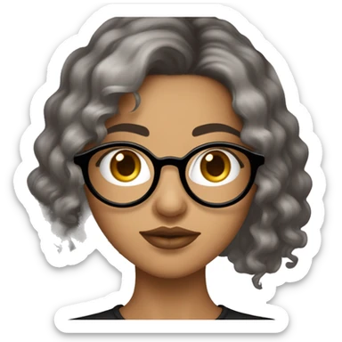 Jeune femme brune cheveux court yeux marrons et lunettes rondes dorées avec piercing au nez noir et septum argent  sticker