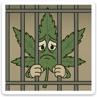 a cannabis leaf behind jail bars, looking sad, clear and expressive style, simple illustration, somber mood sticker