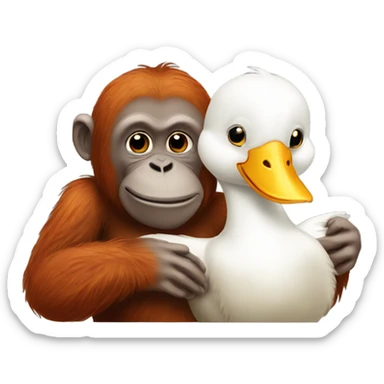 Orangutan monkey and white duck cuddling together  sticker