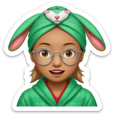 Asian woman who has a big rabbit front teeth wearing a green towel in her head with a broken glasses on her face in red pajamas sticker