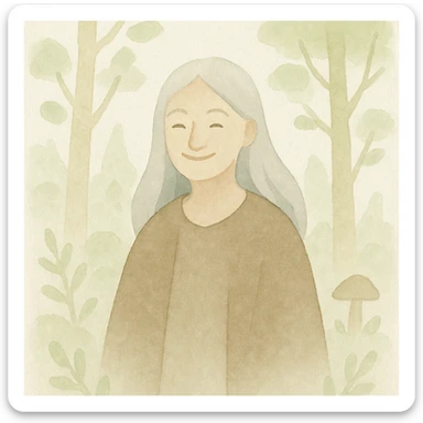legendary mentor, young smiling woman with long silver hair, in an enchanted forest, watercolor style sticker