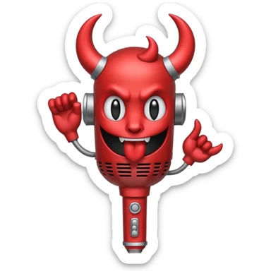 Minimalist emoji-style sticker of a classic retro microphone with small devil horns and a subtle tail wrapping the base. Grayscale with slight red accents.
 sticker