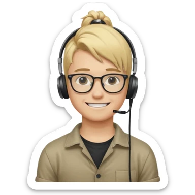 blond hair teen boy pony tail undercut with tattoo on his neck, wearing glasses, strong built, smile warmly with headphone sticker