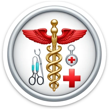 An icon featuring a caduceus (The Hygeia Vessel), a red cross, symbolizing medicine. The design includes medical tools and symbols, representing healthcare, diagnosis, and healing practices. Transparent background highlights the profession and study of medicine. sticker