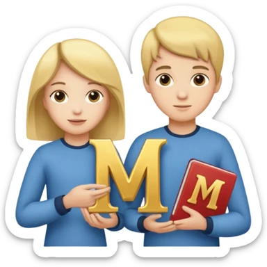 Create two letters, N and Y, in the shape of sisters. Create an image of a boy holding the letter N and a girl holding the letter M  sticker