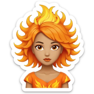 A girl tan skin face emoji with skin head hair styled, dramatic makeup and an orange flame-themed dress. sticker