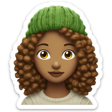 Green eyed Girl with brown curly hair knitting a beanie sticker