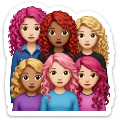 5 girlsone curly redhead, one with brunette dyed blonde hair, one long haired wavy brunette, one mid-length haired brunette, and one black haired girl with partially dyed bright red/pink hair sticker