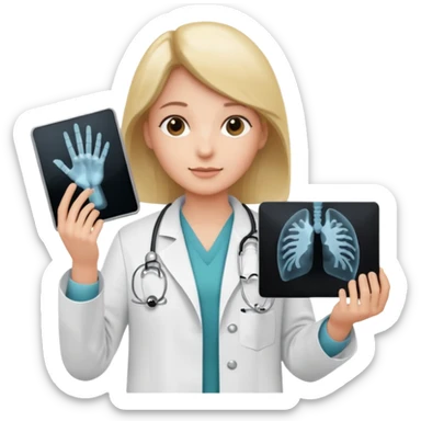 Radiografía de mano sostenida por un médico con bata  piel planta sticker