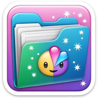 small cute folder icon emoji style, slightly open at the top, several colorful divider tabs peeking out (blue, green, pink, purple), white label area on the front with the word 'Covers', sparkles around the folder sticker