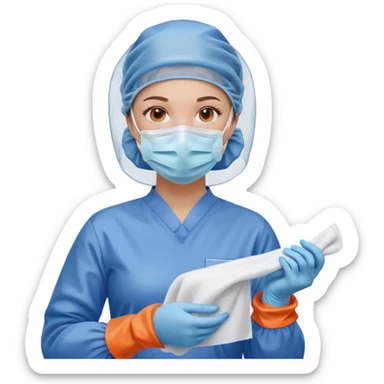 A meticulous cleanroom worker dressed in full protective gear, including a blue sterile suit, a face mask, a hairnet, and orange gloves.  wipe  in her hand. sticker
