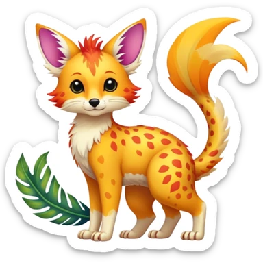 Feral Rare Fantasy vibrant colorful tropical cute, kawaii, cool, ed Vernid-Trico-species by LiLaiRa, random markings, tufted tail, tufted ears, full body, cheek markings sticker