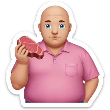 a bald guy with pink shirt and blue eyes, that is fat, holding a steak sticker